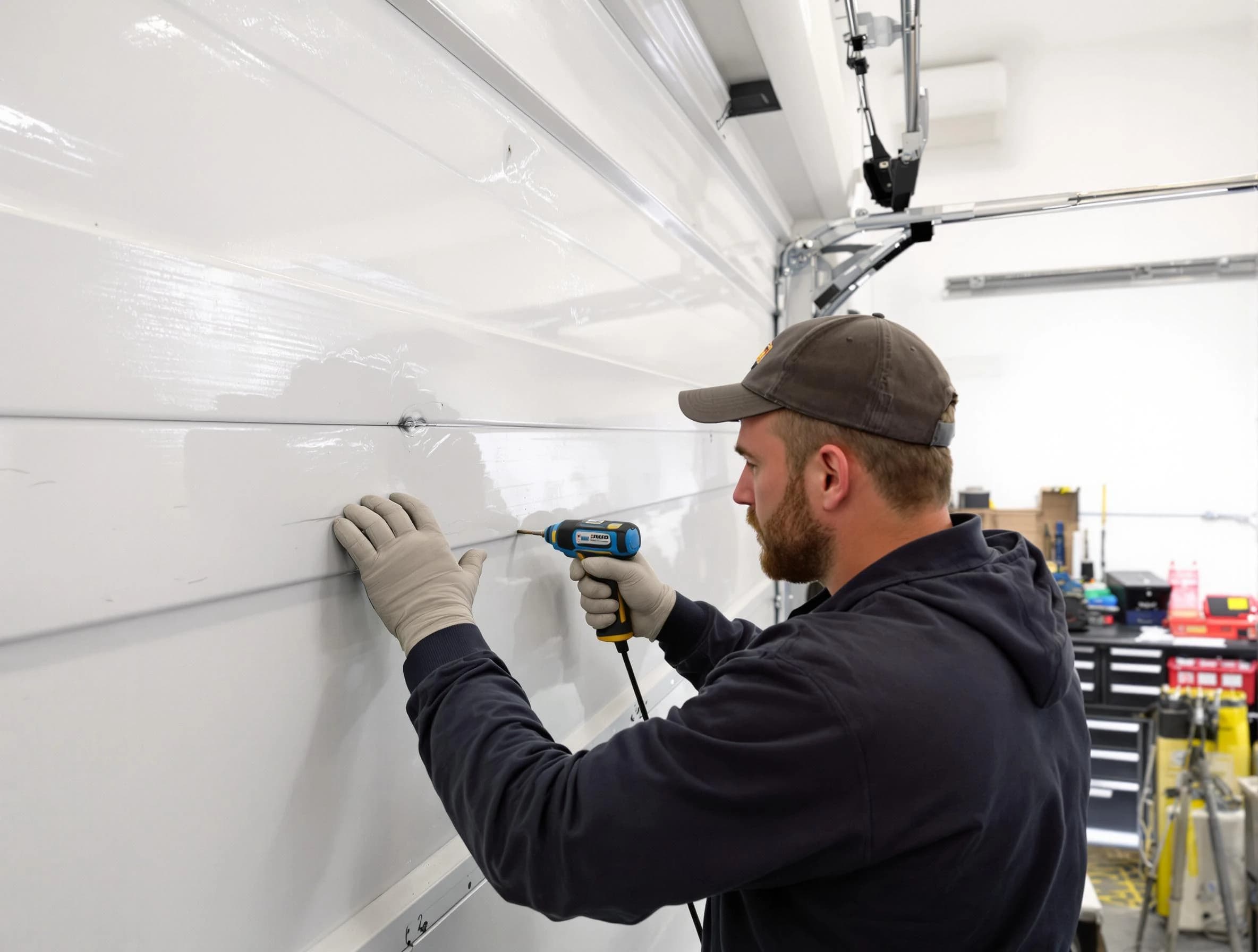 Leeds Garage Door Repair technician demonstrating precision dent removal techniques on a Leeds garage door