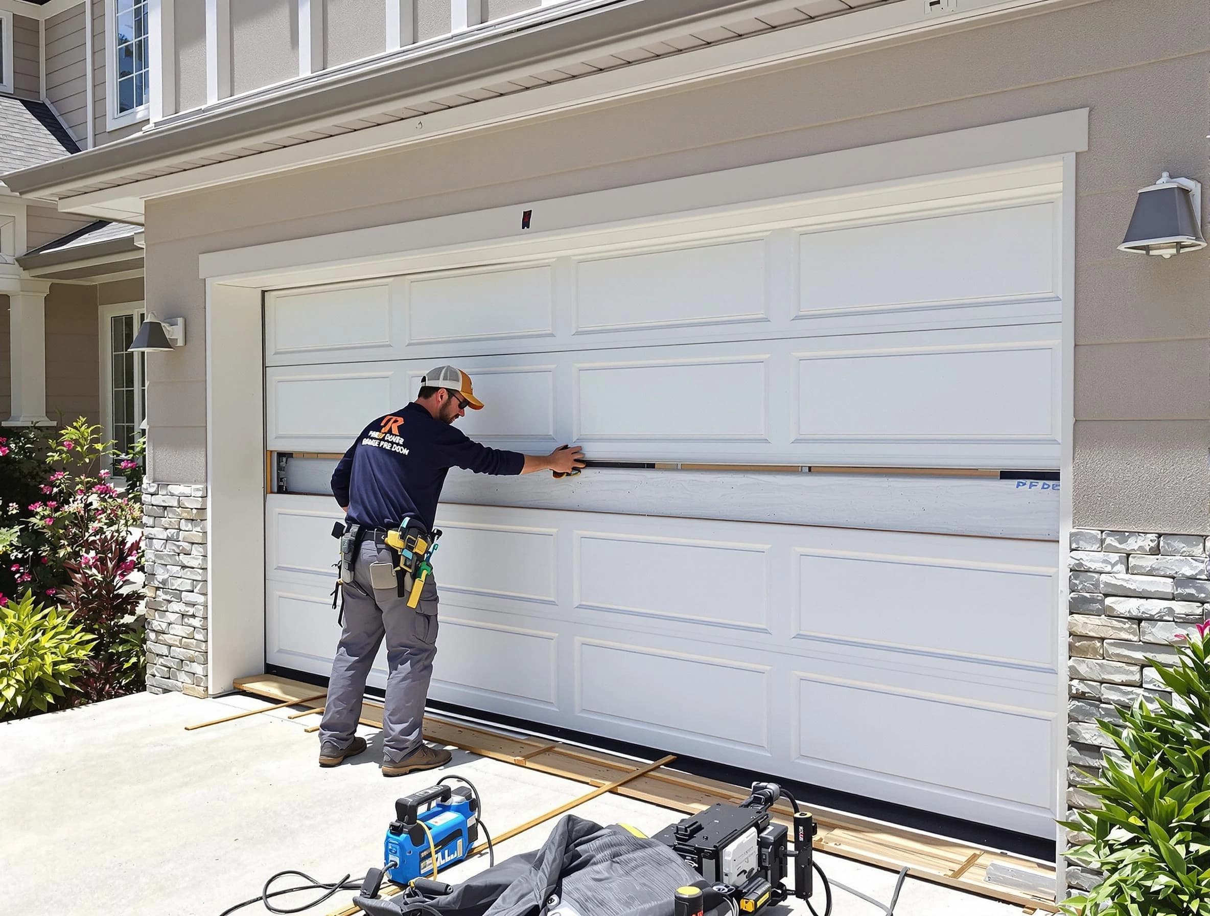 Leeds Garage Door Repair team performing complete garage door replacement at Leeds residence