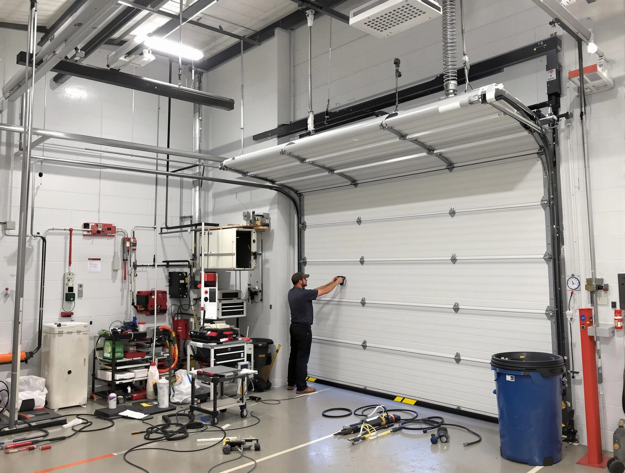 Leeds Garage Door Repair certified technician performing commercial door repair at a Leeds business facility
